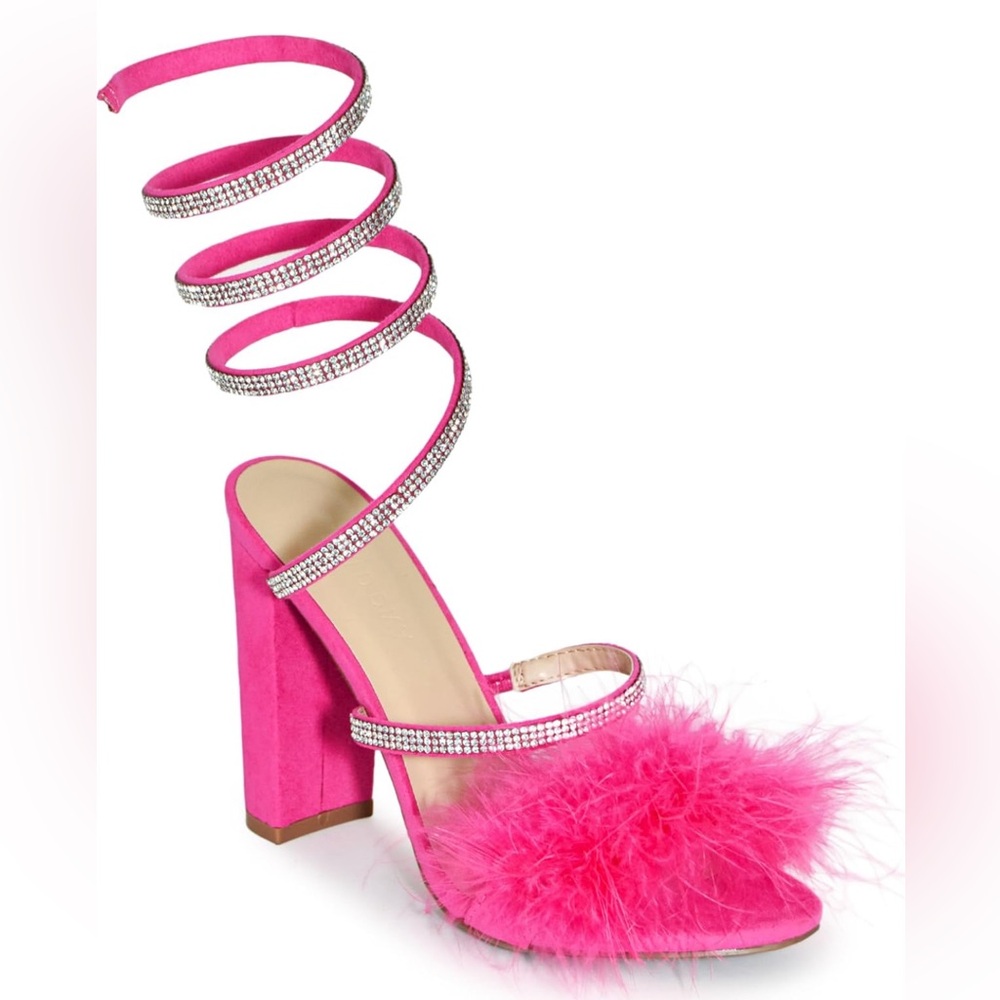 HOT!! Barbie Hot pink feather front, spiral jewel ankle straps- Sz 7 (used once)